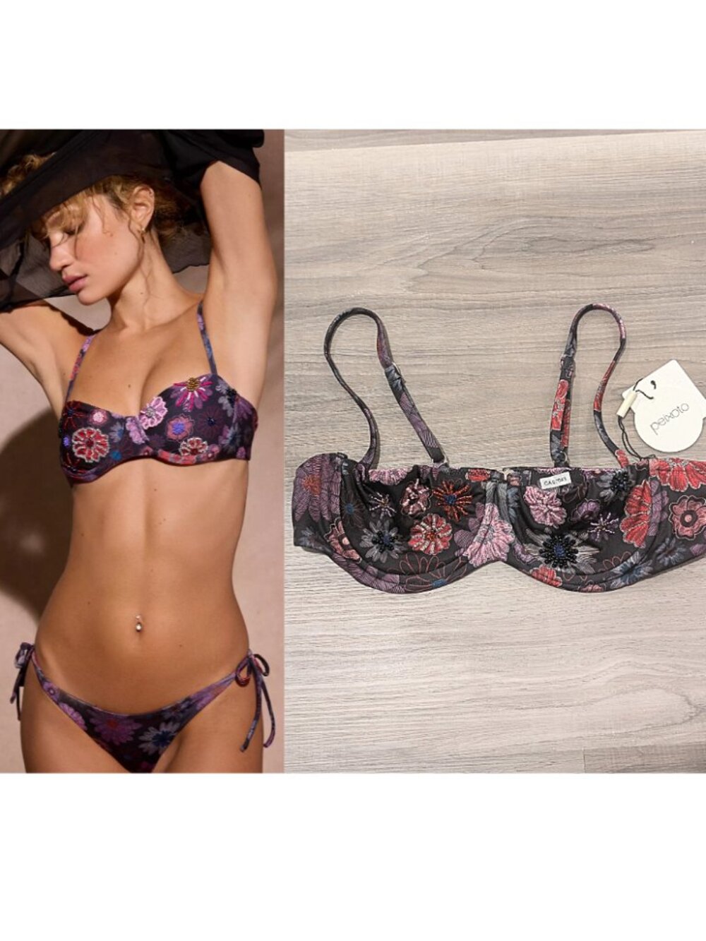 Peixoto | Portia Beaded Bikini Top In Black Botanical